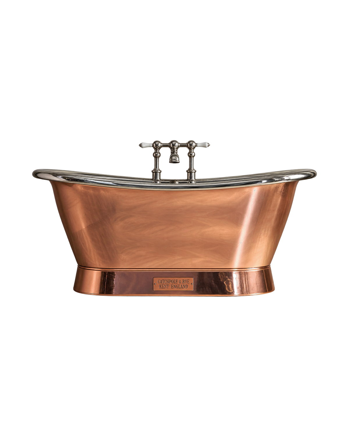 A copper roll top bath with nickel taps