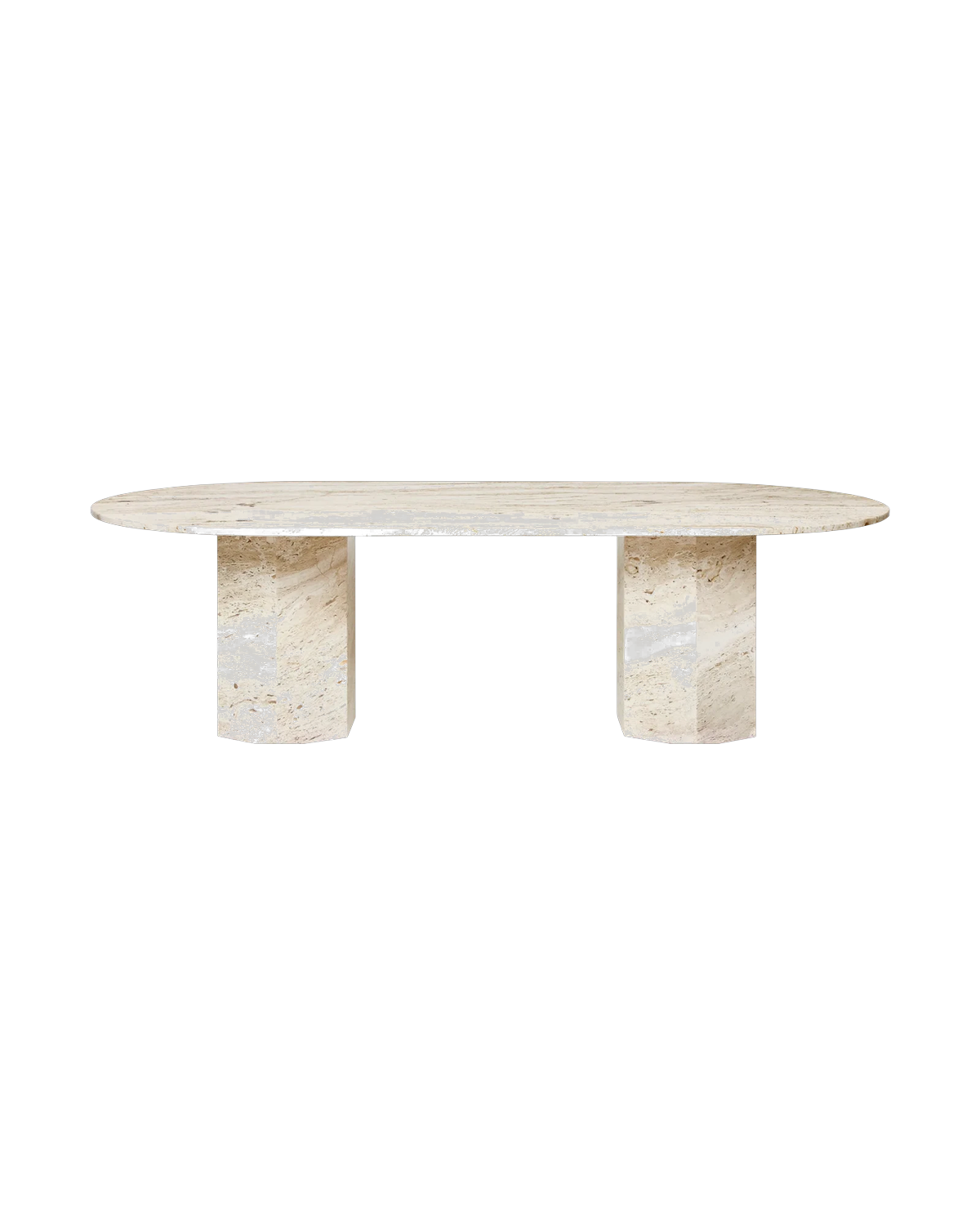 An oval travertine dining table