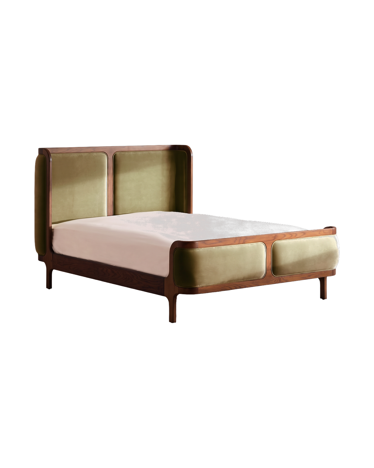 A walnut bed with olive upholstered panels