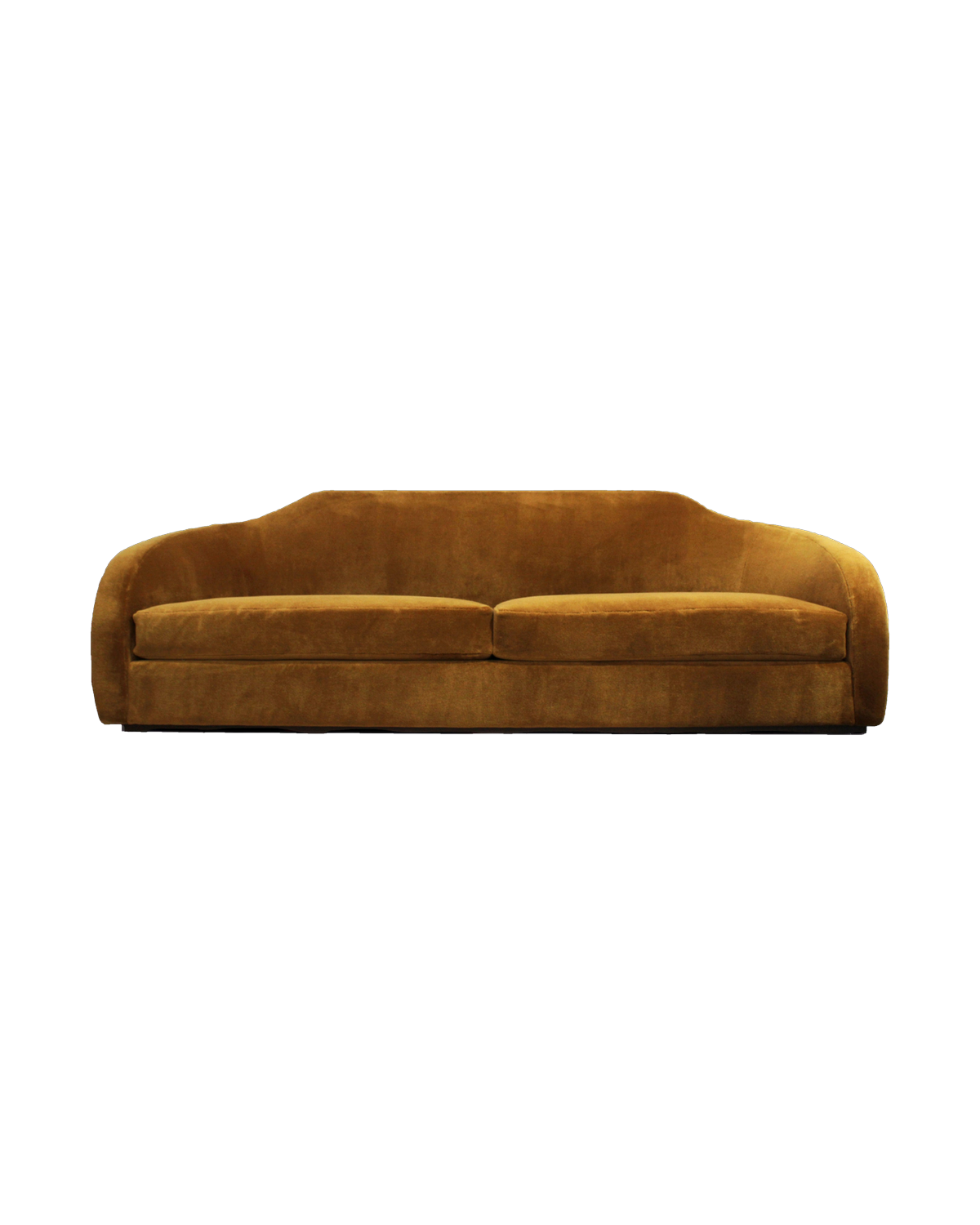 A curved ochre velvet sofa